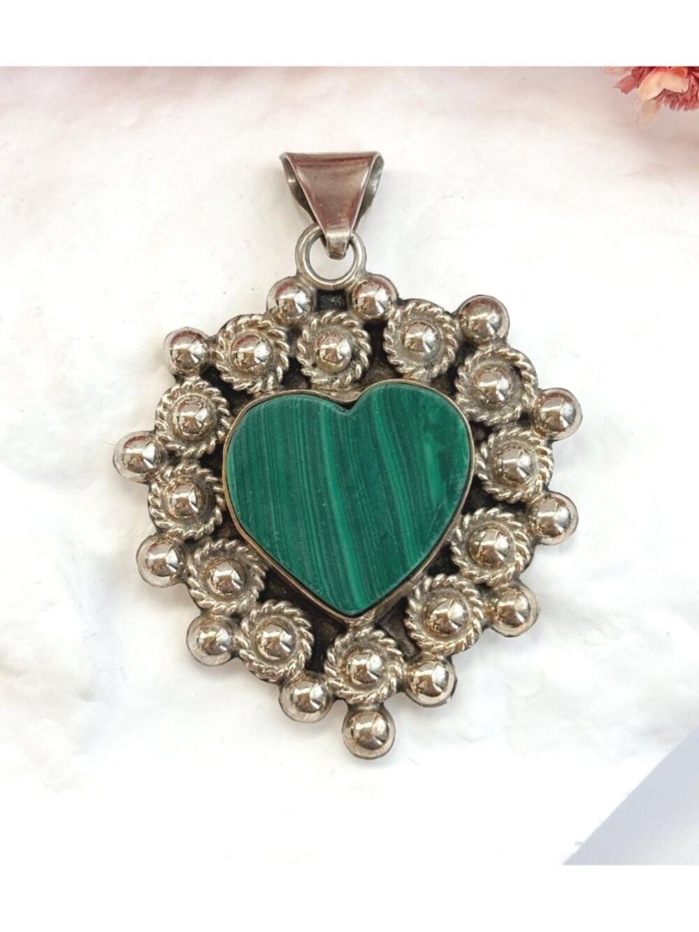 Malachite Heart Sterling Silver Southwest Taxco Mexico TL-41 Vintage 925 Pendant